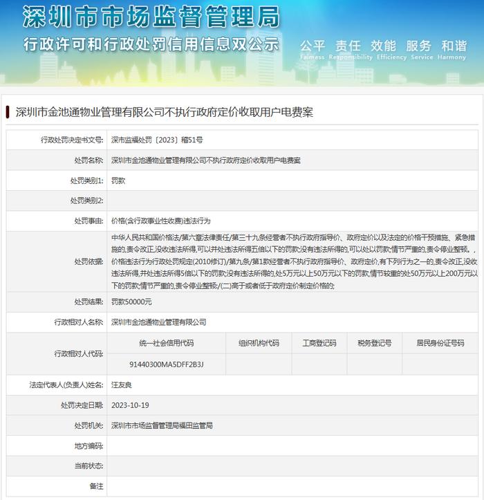 深圳市金池通物业管理有限公司不执行政府定价收取用户电费案
