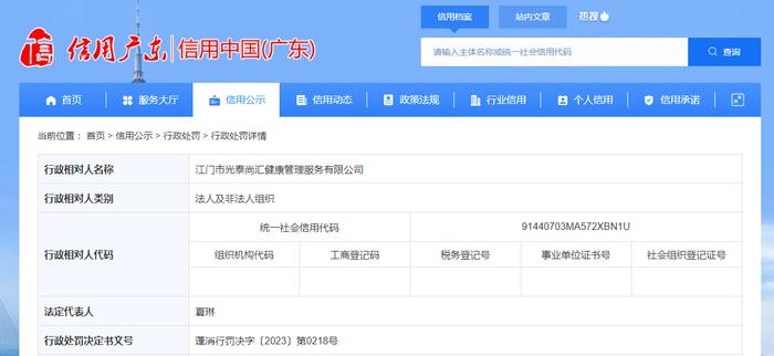 江门市光泰尚汇健康管理服务有限公司被罚款5万元
