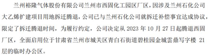 裕隆气体全面启用位于甘肃省兰州市城关区青白石街道碧桂园金城雲鼎写字楼21层的临时办公区