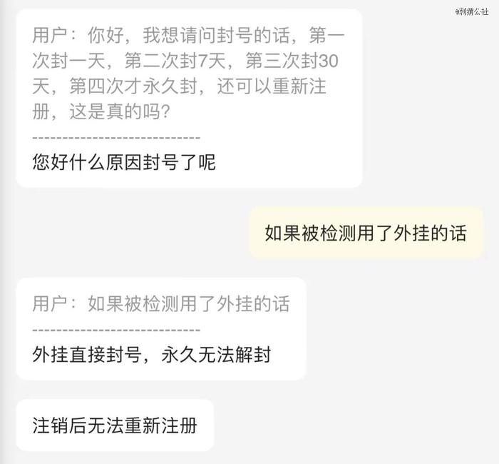 美团客服对因外挂封号的回应|图源自作者截图