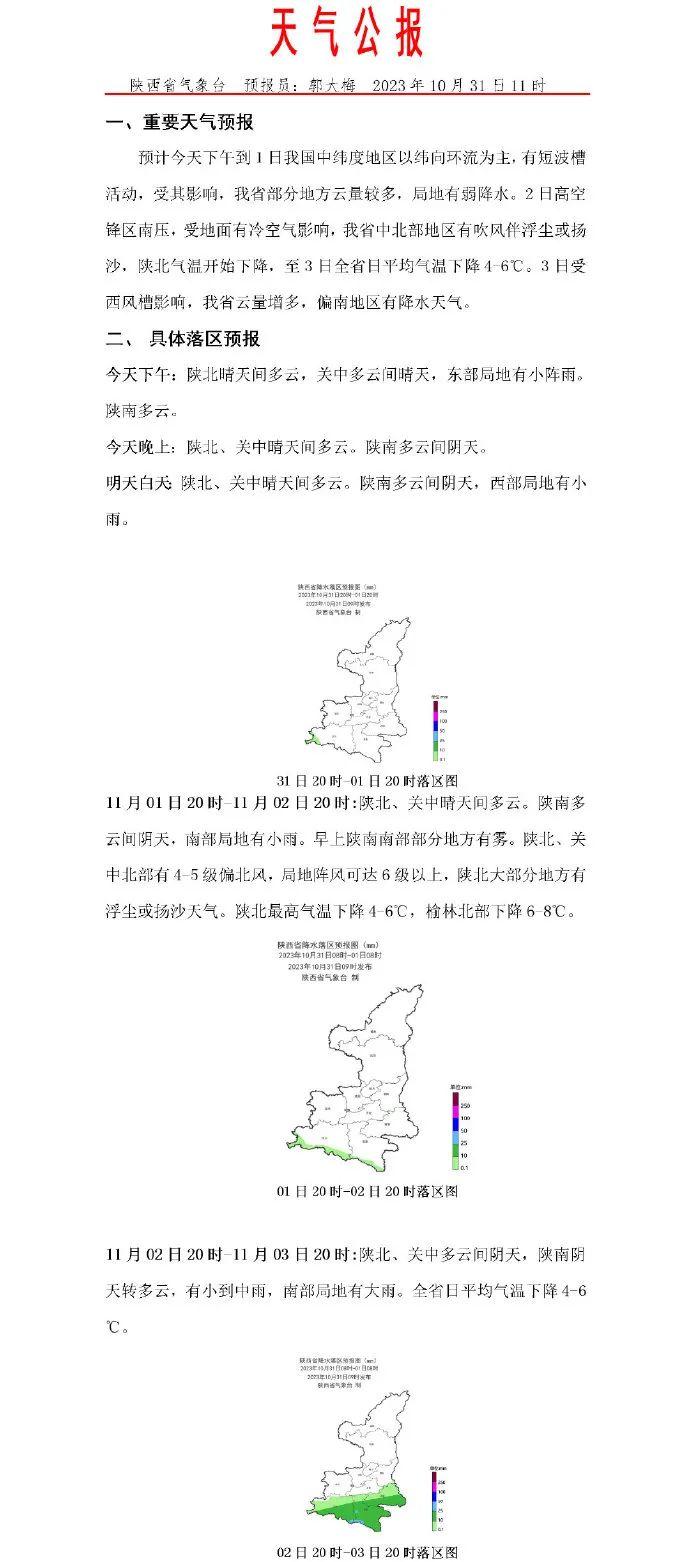 陕西发布重要天气预报！预计今天下午到11月1日局地有弱降水