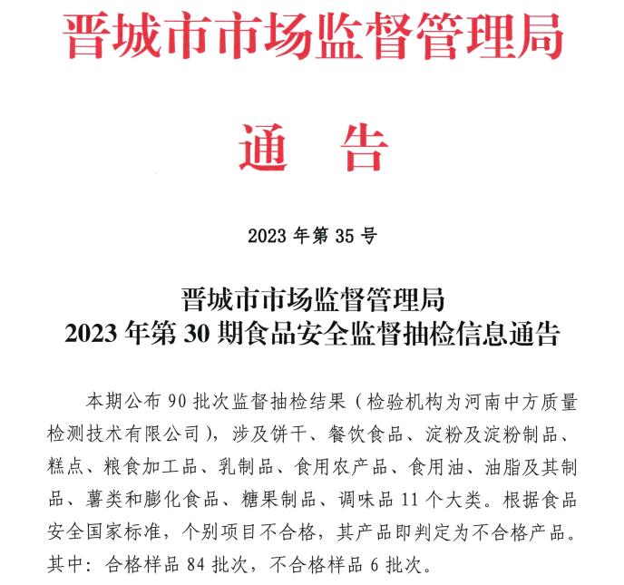 山西省晋城市市场监管局发布2023年第30期食品安全监督抽检信息