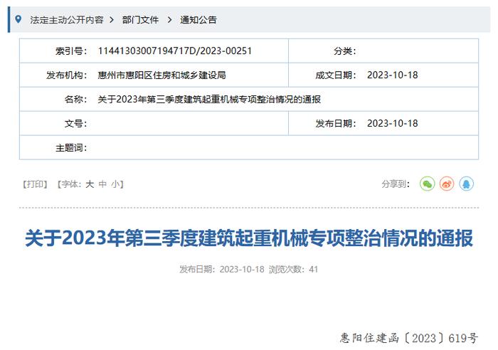 广东省惠州市惠阳区第三季度建筑起重机械专项整治情况公布  云荟公馆等5个项目被通报