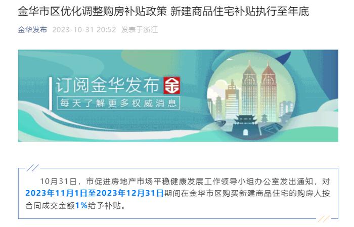 浙江金华：12月31日前购新房给予1%合同成交额补贴 二手房不再列入补贴范围