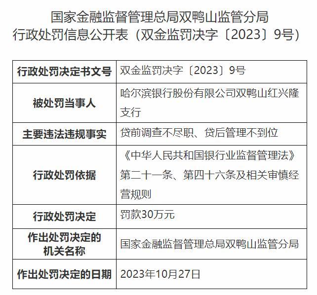 哈尔滨银行双鸭山红兴隆支行被罚 贷前调查不尽职等