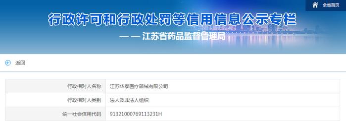 江苏华泰医疗器械有限公司生产不符合强制性标准的医疗器械被罚款24500元