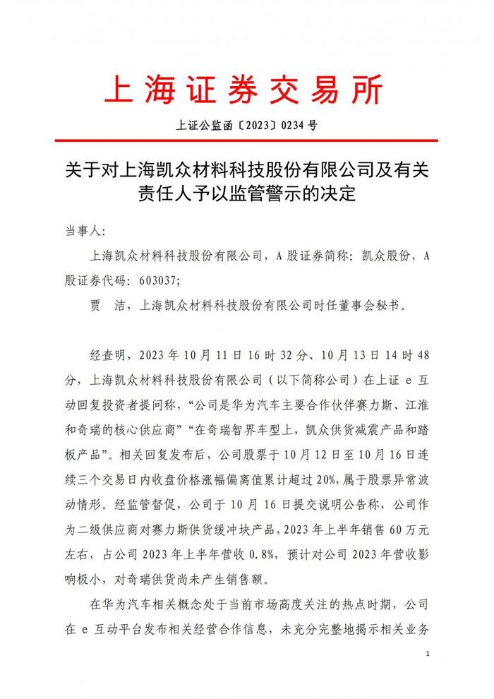 上交所出手！这家公司及董秘被警示，事涉华为汽车概念信披不准