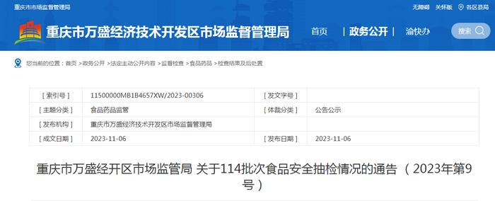 重庆市万盛经开区市场监管局关于114批次食品安全抽检情况的通告（2023年第9号）