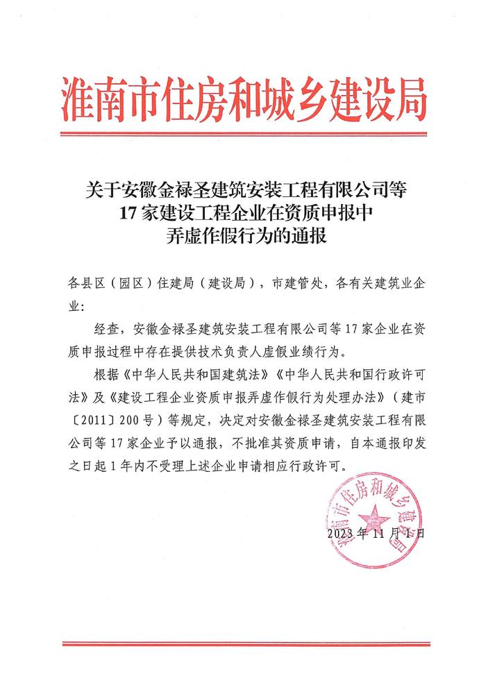 关于安徽金禄圣建筑安装工程有限公司等17家建设工程企业在资质申报中弄虚作假行为的通报