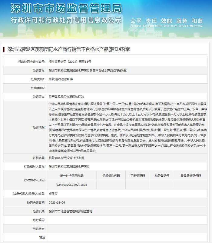 深圳市罗湖区茂源团记水产商行销售不合格水产品(罗氏虾)案