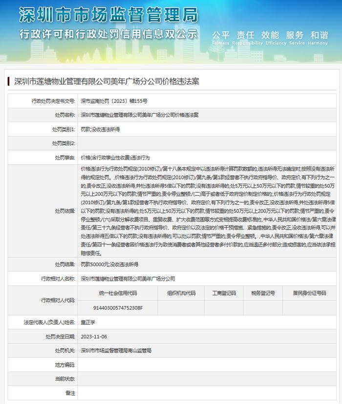 深圳市莲塘物业管理有限公司美年广场分公司价格违法案