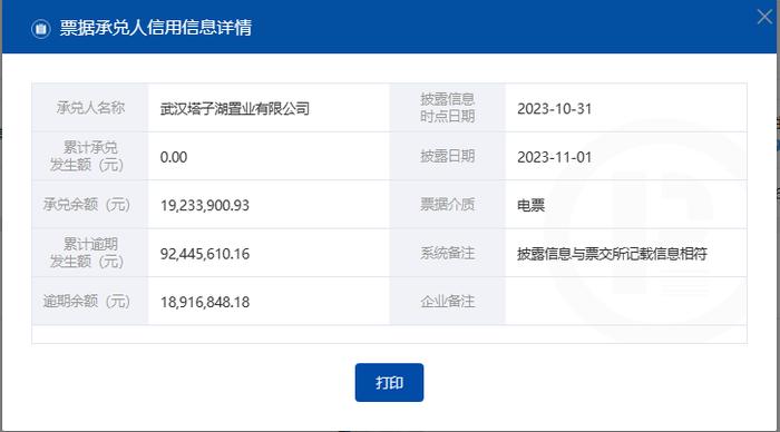 中融国际信托子公司武汉塔子湖置业有限公司商票逾期被公示