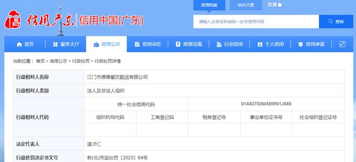 未按照规定公示年报 江门市德晟餐饮配送有限公司被罚