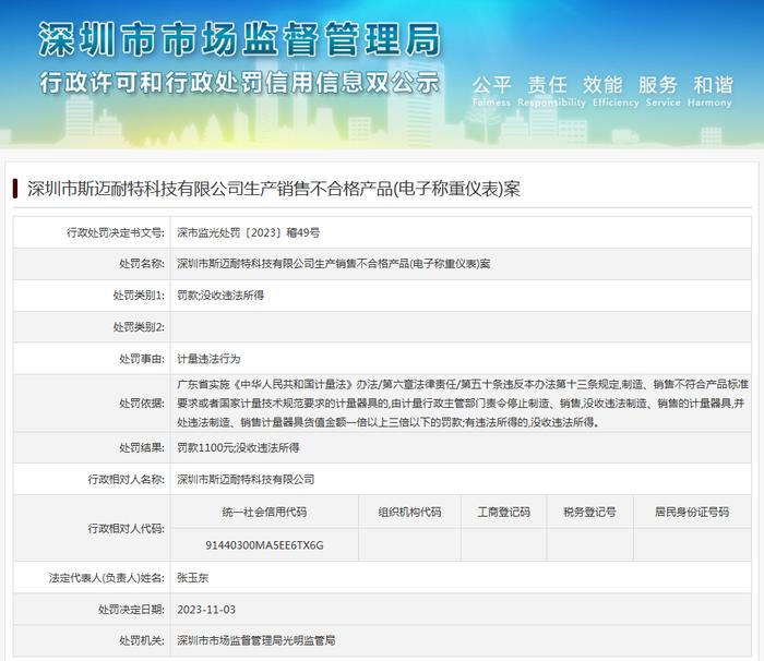 深圳市斯迈耐特科技有限公司生产销售不合格产品(电子称重仪表)案