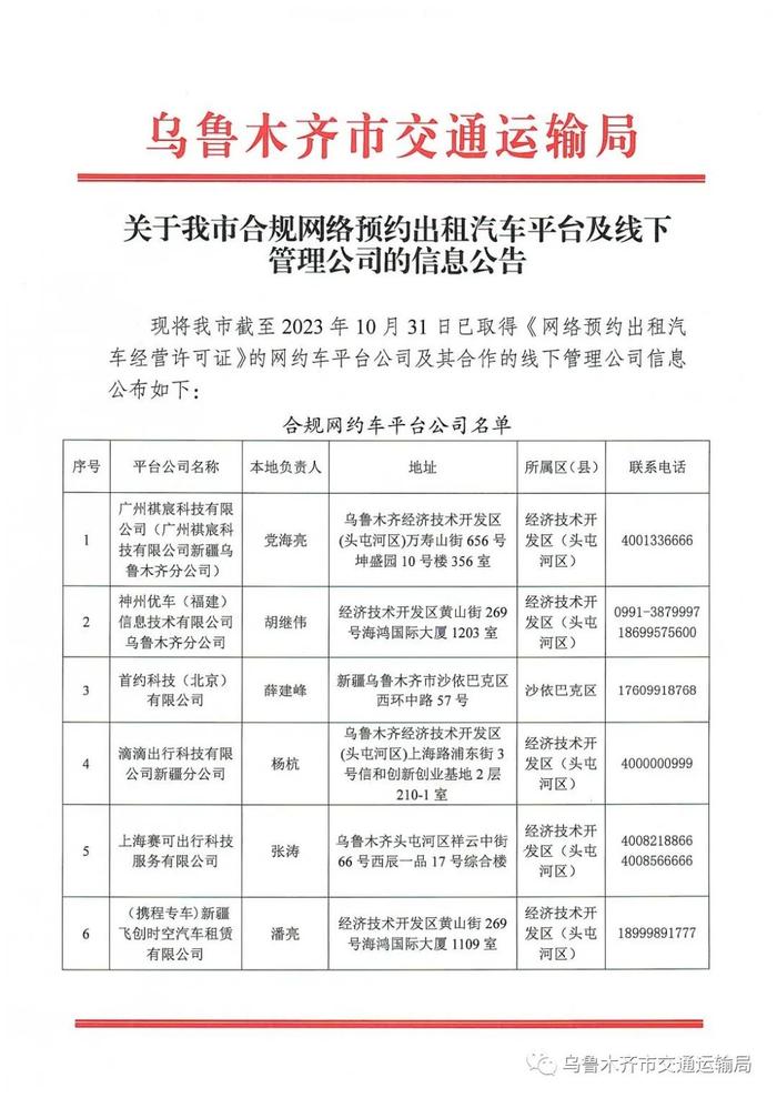 乌市公布合规网约车平台及线下管理公司