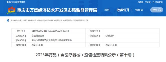 重庆市万盛经济技术开发区市场监管局公示2023年药品（含医疗器械）监督检查结果（第十期）