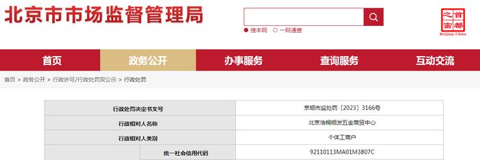 关于北京浩桐顺发五金商贸中心的行政处罚决定书  京顺市监处罚〔2023〕3166号