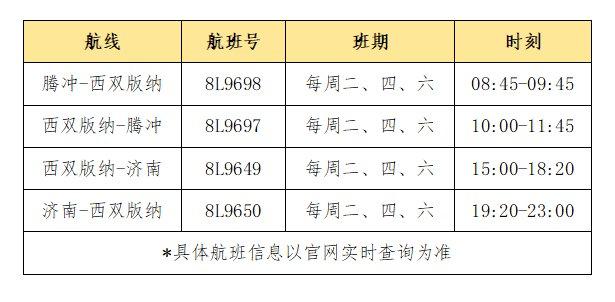 祥鹏航空新开西双版纳=腾冲、西双版纳=济南航线