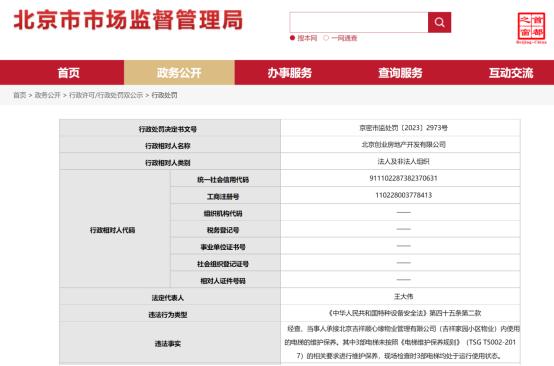 违反《特种设备安全法》 北京创业房地产开发有限公司被罚1万元