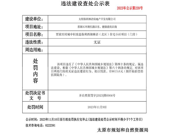 无证违建 保利旗下太原保利林语房地产开发有限公司被罚