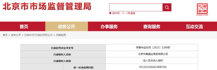 关于北京中昌盛达商贸有限公司的行政处罚决定书  京昌市监处罚〔2023〕1268号