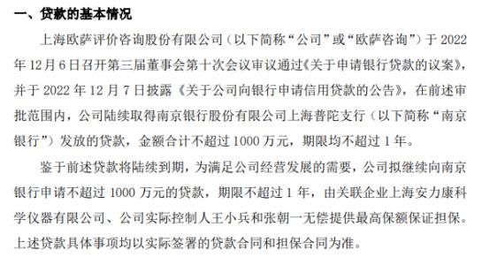 欧萨咨询拟向银行申请不超过1000万贷款 实际控制人王小兵和张朝一无偿提供最高保额保证担保