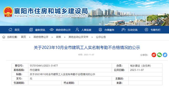 襄阳市住房和城乡建设局关于2023年10月全市建筑工人实名制考勤不合格情况的公示