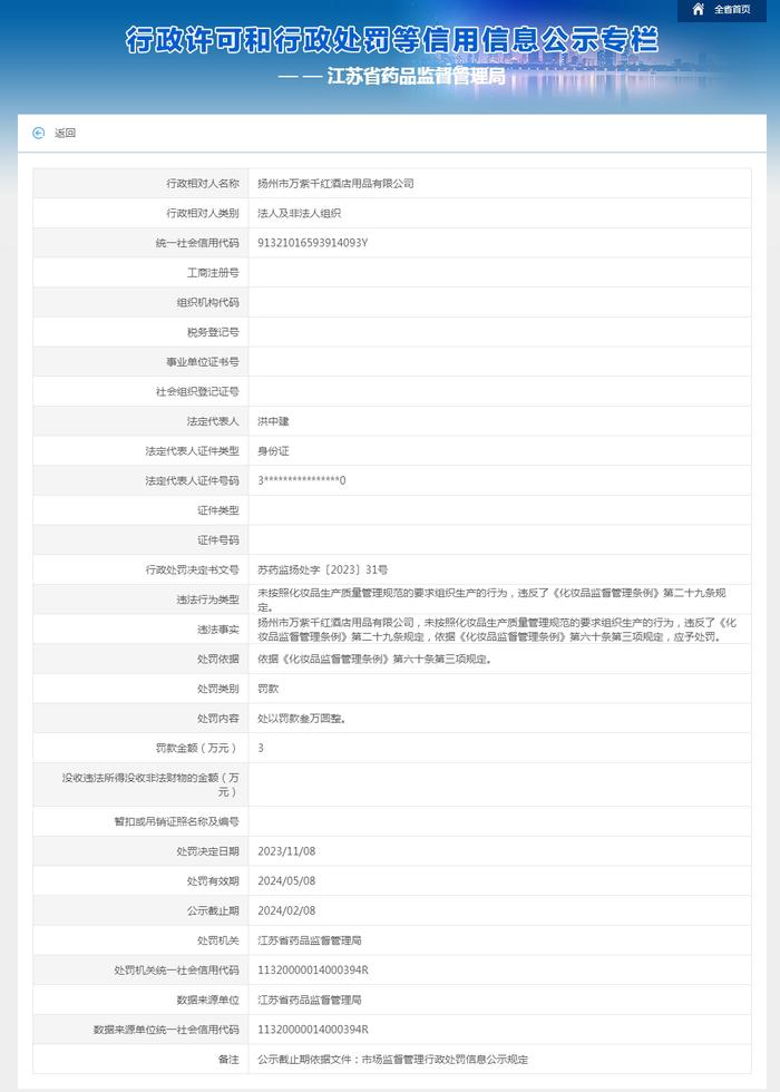 扬州市万紫千红酒店用品有限公司被罚款3万元