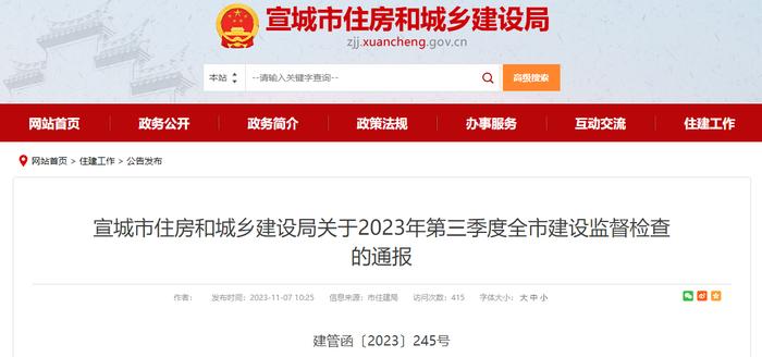 安徽省宣城市住房和城乡建设局关于2023年第三季度全市建设监督检查的通报