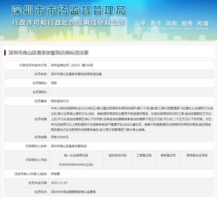 深圳市南山区壹家依服饰店商标违法案
