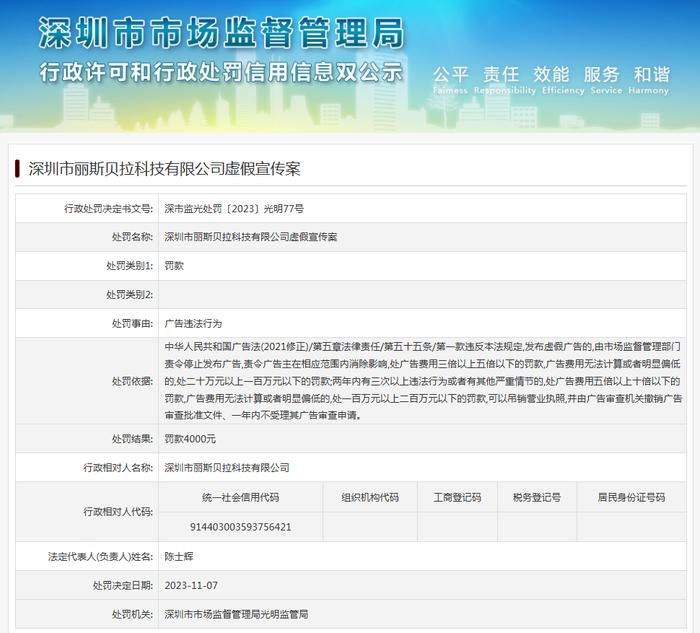 深圳市丽斯贝拉科技有限公司虚假宣传案