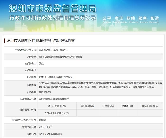 深圳市大鹏新区佳鹏海鲜餐厅未明码标价案
