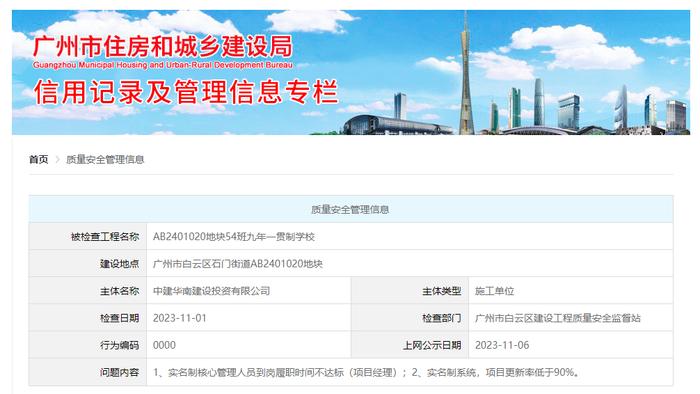 工程存管理问题，中建华南建设投资有限公司被公示