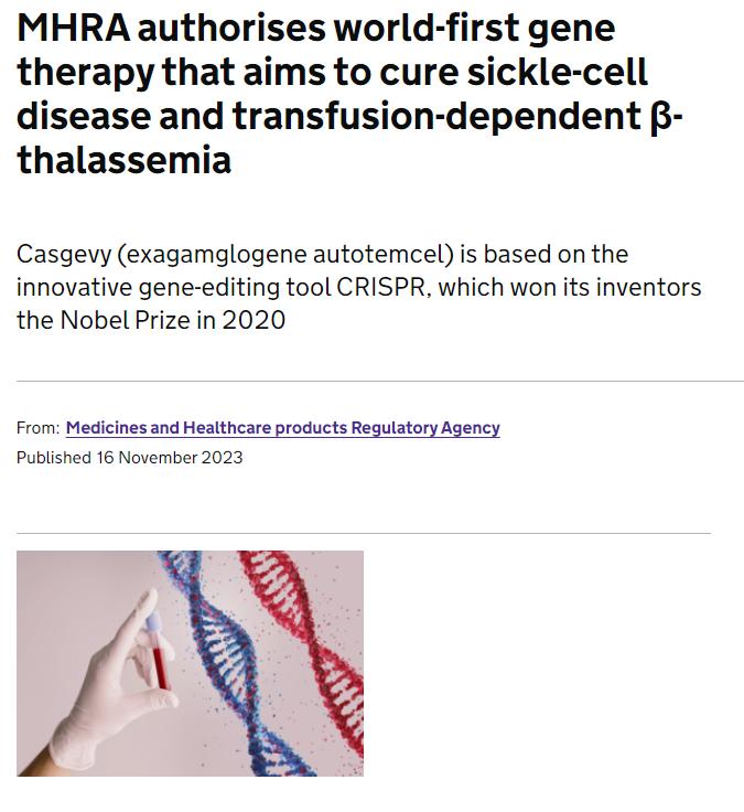 全球首个！英国批准CRISPR基因编辑疗法，或成又一个“百万美元”级别“天价药”