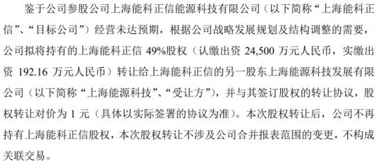 正信光电拟以1元将持有的上海能科正信49%股权让给上海能科正信的另一股东上海能源科技