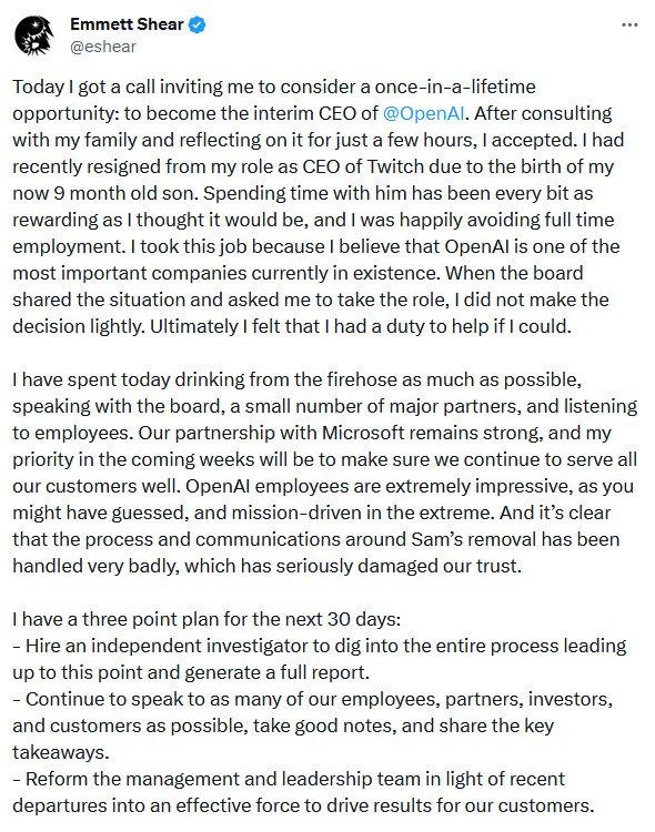 OpenAI临时CEO：拟改革公司管理层 将对Sam Altman的离职展开调查