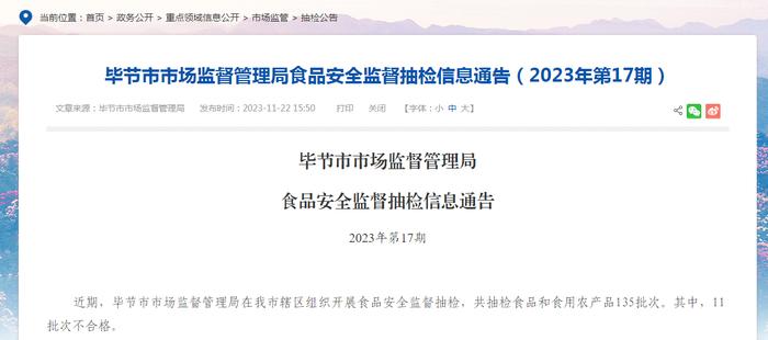 贵州省毕节市市场监督管理局发布食品安全监督抽检信息通告（2023年第17期）