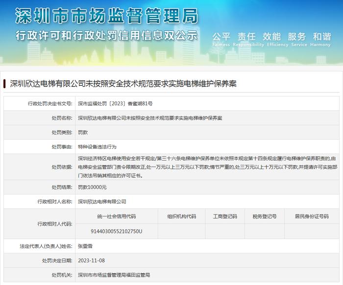 深圳欣达电梯有限公司未按照安全技术规范要求实施电梯维护保养案