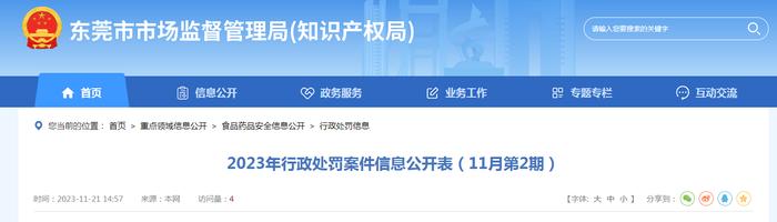 广东省东莞市市场监督管理局公开2023年行政处罚案件信息（11月第2期）