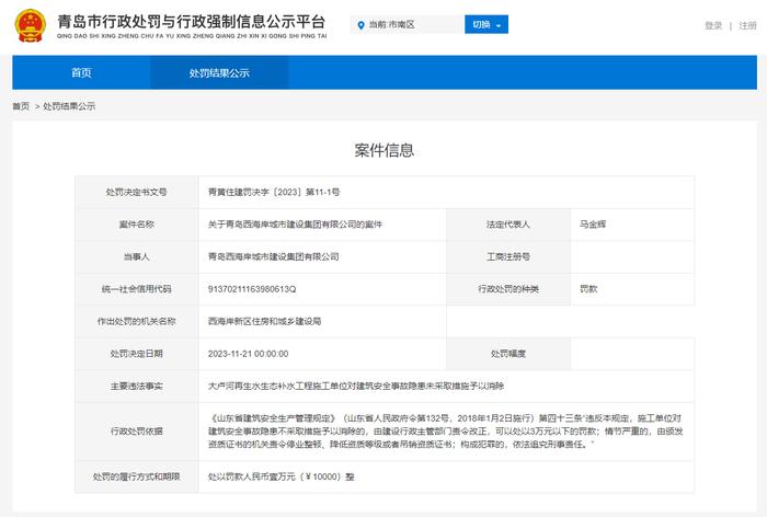 对事故隐患未采取措施予以消除 青岛西海岸城市建设集团有限公司被罚