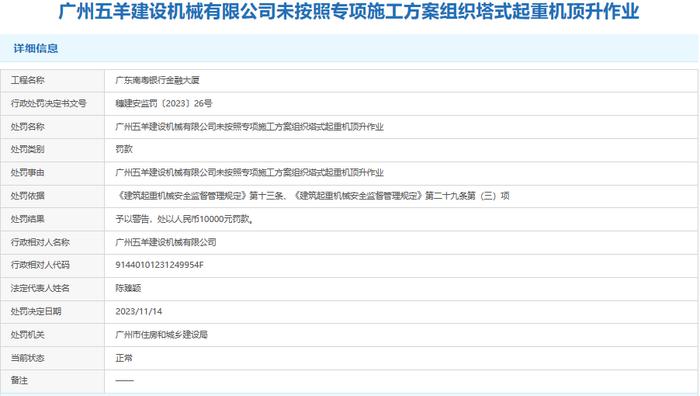 未按施工方案组织塔式起重机顶升作业  广州五羊建设机械有限公司被罚