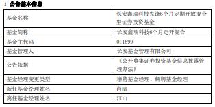 长安鑫瑞科技6个月定开长安宏观策略混合增聘肖洁