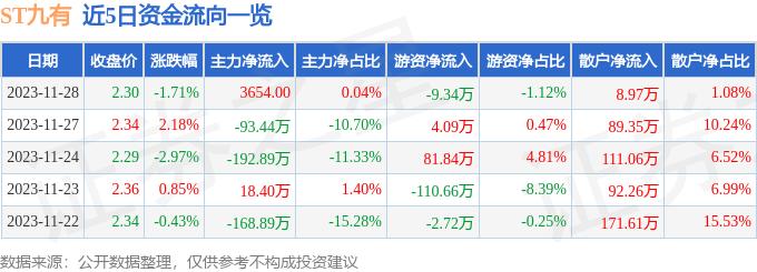 ST九有（600462）11月28日主力资金净买入3654.00元