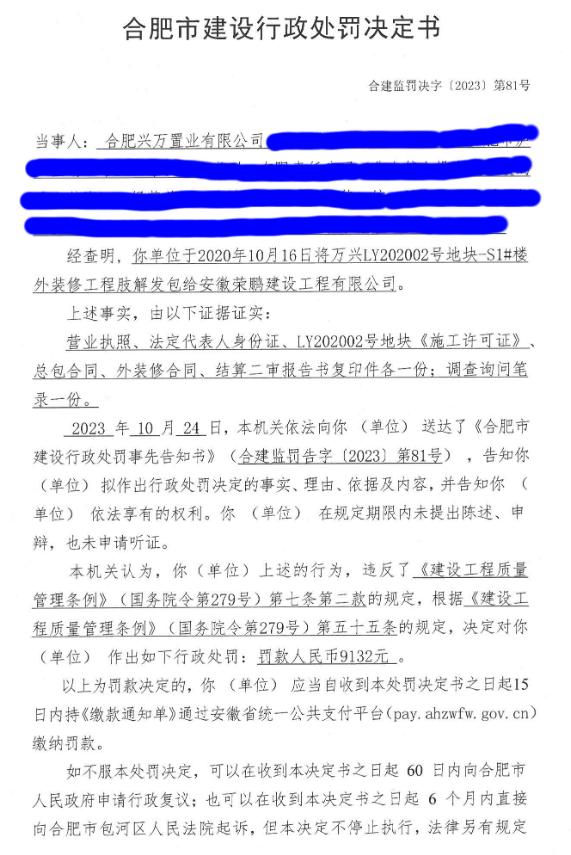 合肥兴万置业有限公司合建监罚决字〔2023〕第81号