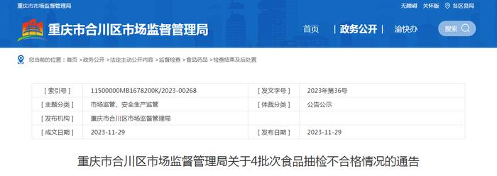 重庆市合川区市场监督管理局关于4批次食品抽检不合格情况的通告（2023年第36号）