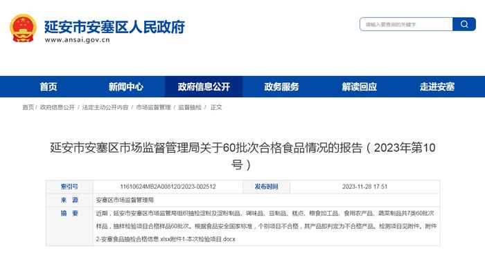 陕西省延安市安塞区市场监督管理局关于60批次合格食品情况的报告（2023年第10号）