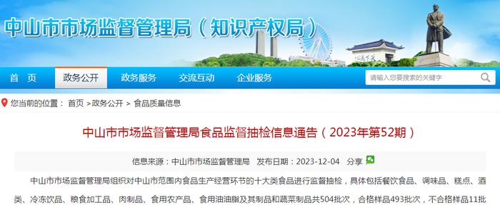 【广东】中山市市场监督管理局食品监督抽检信息通告（2023年第52期）