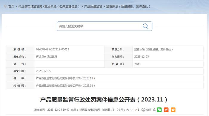 安徽省怀远县市场监管局​产品质量监管行政处罚案件信息公开表（2023.11）