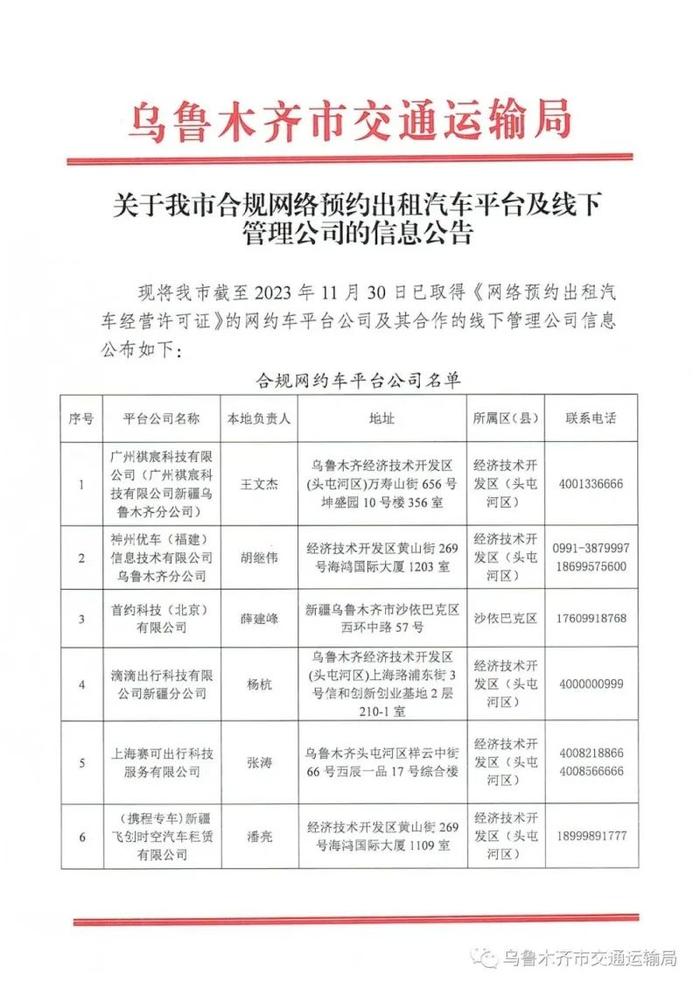 乌市公布合规网约车平台及线下管理公司名单