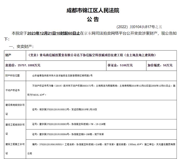 青岛协信航空科技城项目在建工程第三次挂牌法拍 起拍价2.57亿元